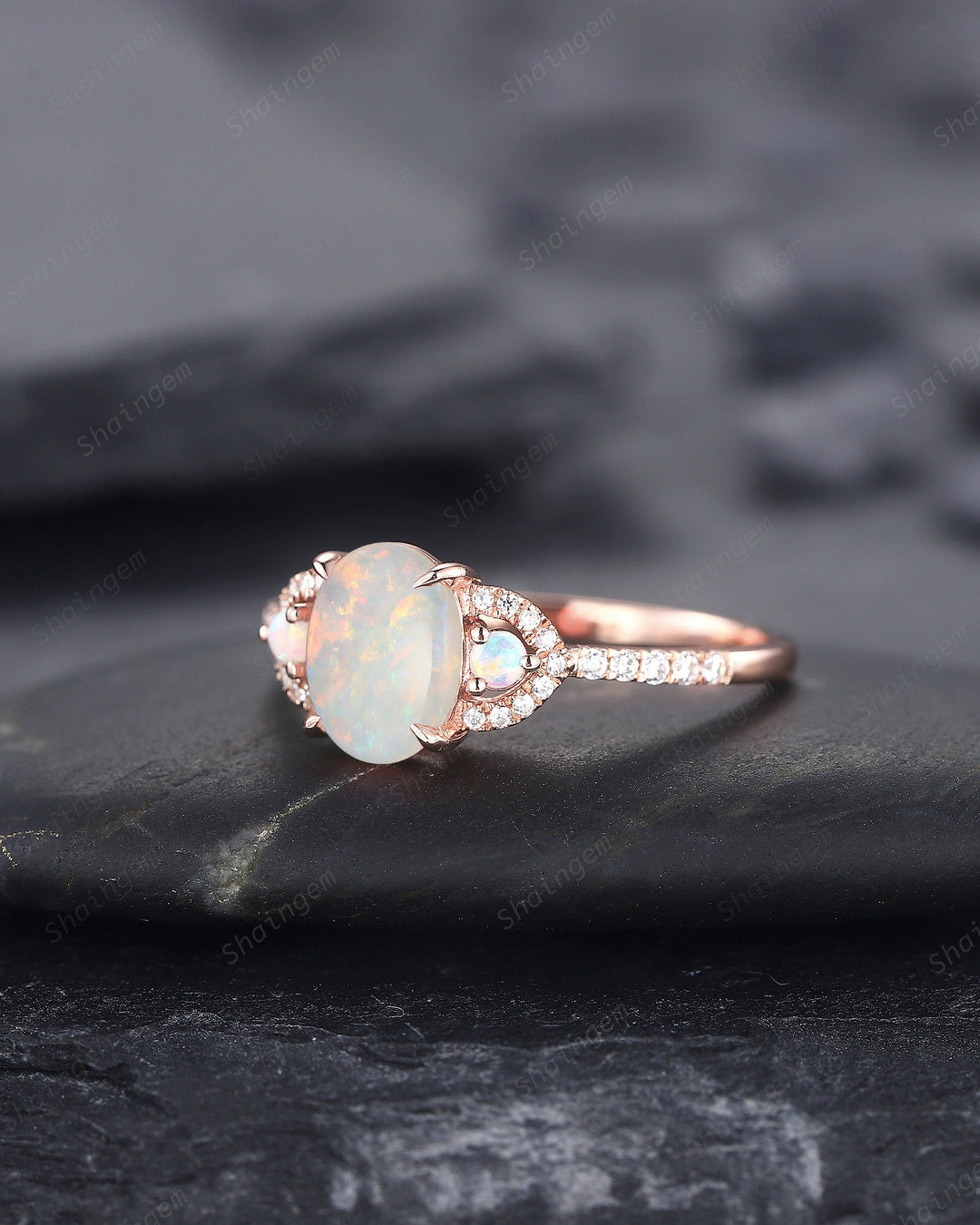 Vintage Natural Australia White Fire Opal and Diamond Engagement Ring, 14K Rose Gold Oval Opal Promise Ring, Opal Wedding Ring Gift for her - ShainJewelry
