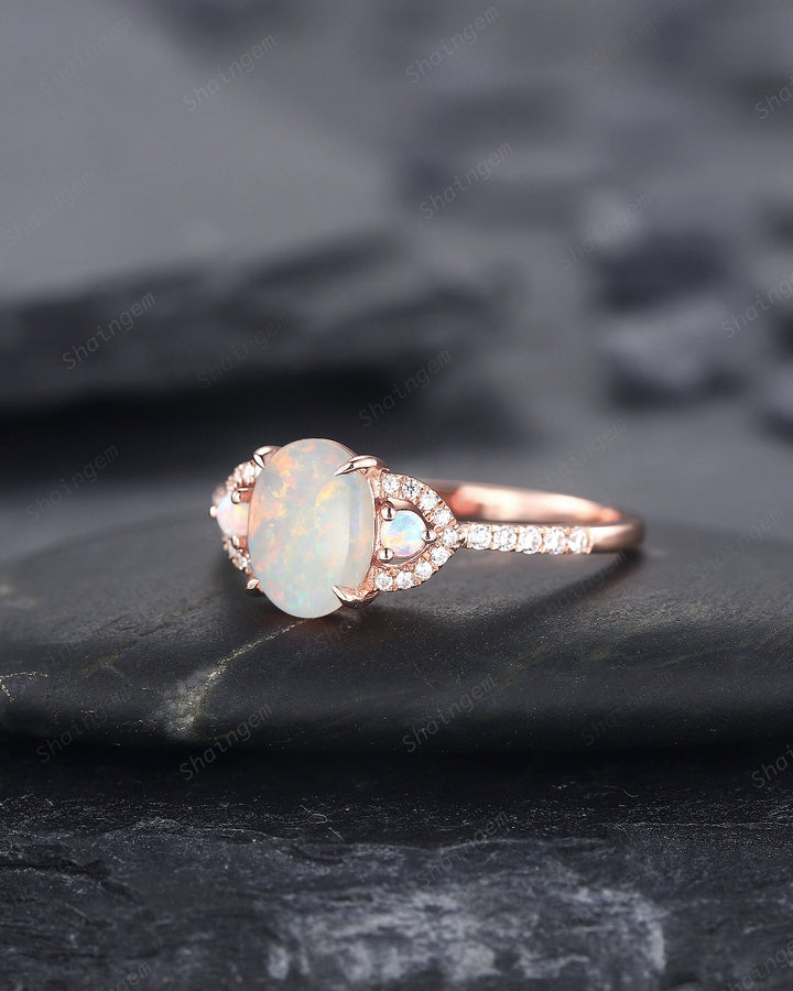 Vintage Natural Australia White Fire Opal and Diamond Engagement Ring, 14K Rose Gold Oval Opal Promise Ring, Opal Wedding Ring Gift for her - ShainJewelry