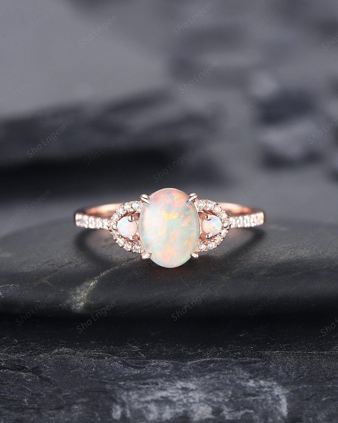 Vintage Natural Australia White Fire Opal and Diamond Engagement Ring, 14K Rose Gold Oval Opal Promise Ring, Opal Wedding Ring Gift for her - ShainJewelry