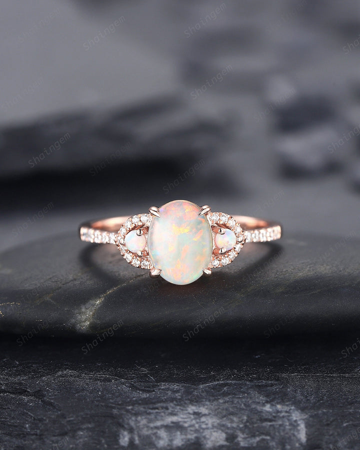 Vintage Natural Australia White Fire Opal and Diamond Engagement Ring, 14K Rose Gold Oval Opal Promise Ring, Opal Wedding Ring Gift for her - ShainJewelry