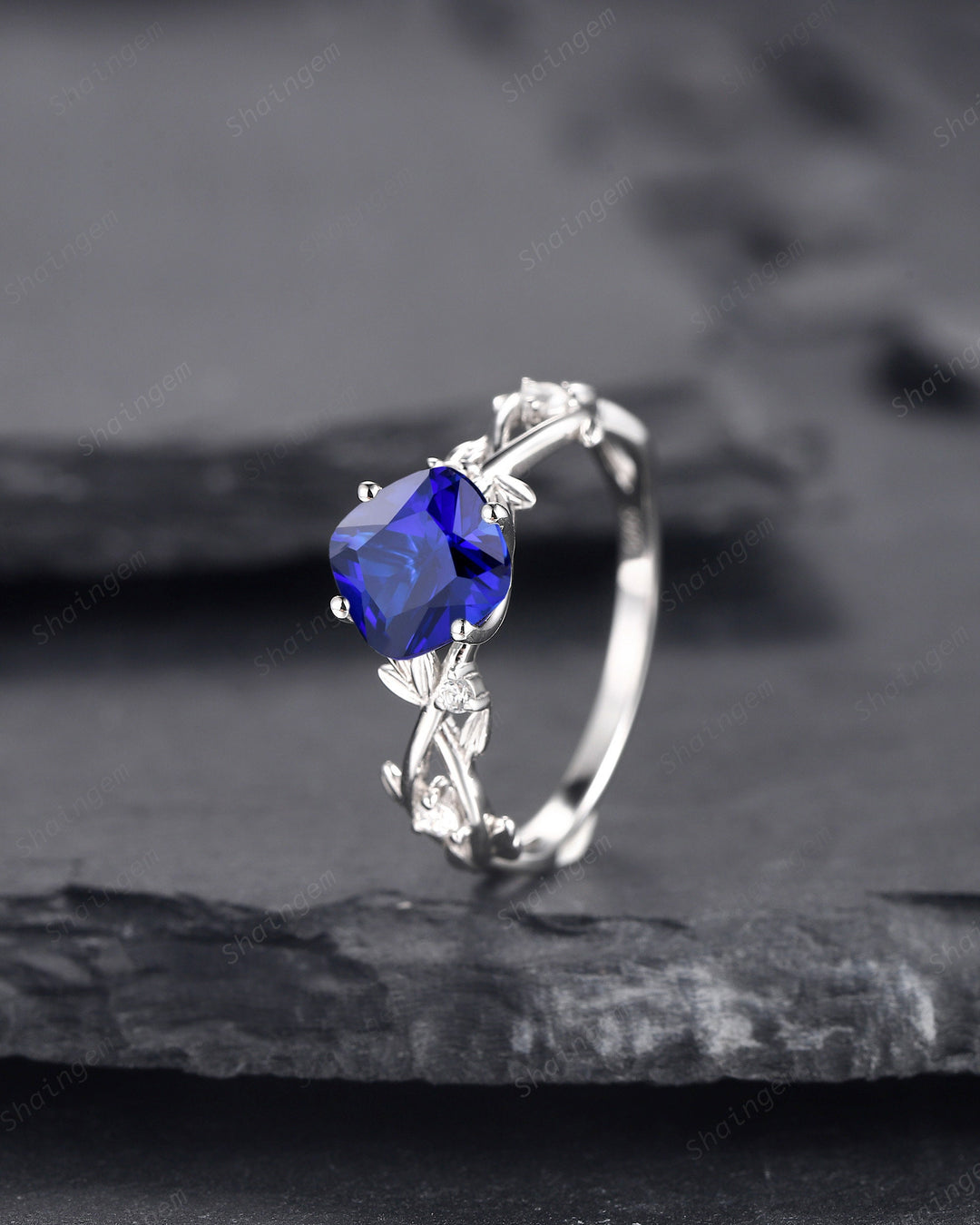Vintage Cushion Cut Blue Sapphire Wedding Ring, Unique White Gold Twig Leaf Sapphire Engagement Promise Ring Anniversary Ring Gift for Women - ShainJewelry