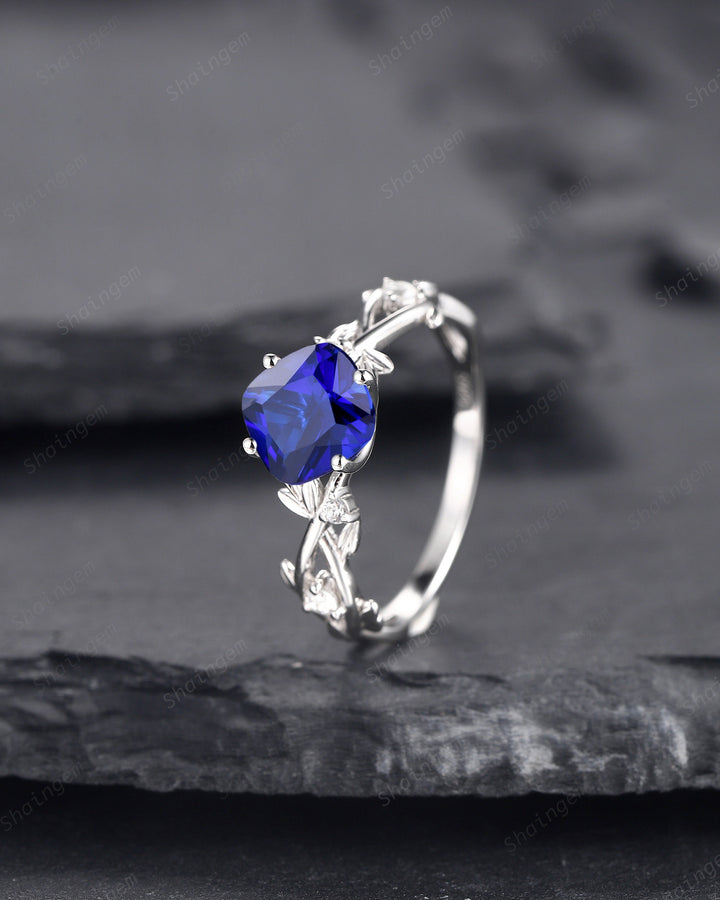 Vintage Cushion Cut Blue Sapphire Wedding Ring, Unique White Gold Twig Leaf Sapphire Engagement Promise Ring Anniversary Ring Gift for Women - ShainJewelry