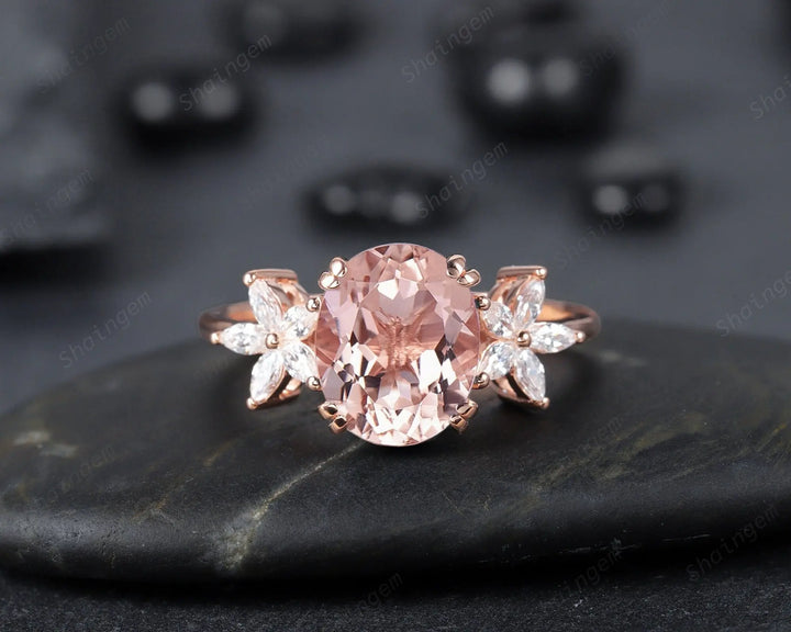 Vintage 8x10mm Oval Pink Morganite and Marquise Diamond Engagement Ring, Unique 14K Rose Gold Cluster Morganite Promise Ring, Wedding Ring - ShainJewelry