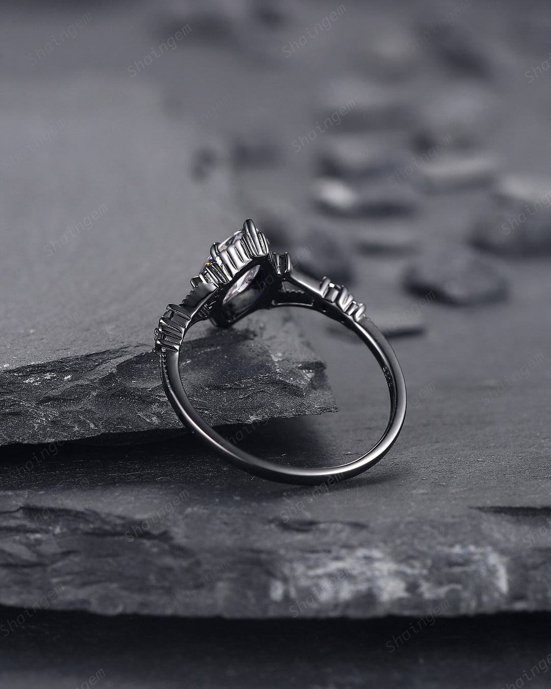Black Gold Marquise Gray Moissanite Dark Engagement Ring, Rhodium Black Moissanite Promise Ring, Black Wedding Ring, Gothic Anniversary Ring - ShainJewelry