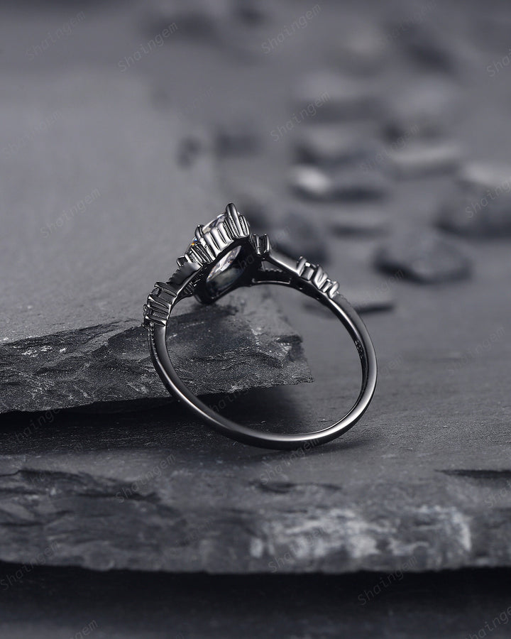 Black Gold Marquise Gray Moissanite Dark Engagement Ring, Rhodium Black Moissanite Promise Ring, Black Wedding Ring, Gothic Anniversary Ring - ShainJewelry