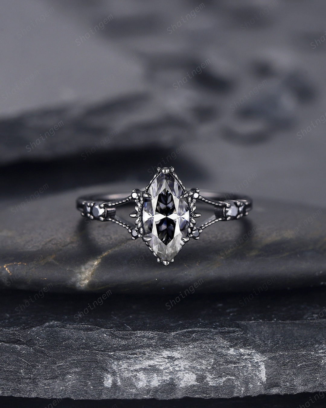 Black Gold Marquise Gray Moissanite Dark Engagement Ring, Rhodium Black Moissanite Promise Ring, Black Wedding Ring, Gothic Anniversary Ring - ShainJewelry
