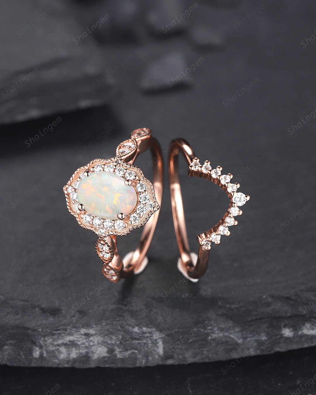 Vintage Oval Shape Natural Australian White Opal and Diamond Engagement Ring Set, 14K Rose Gold Opal Wedding Ring, Floral Halo Promise Ring - ShainJewelry