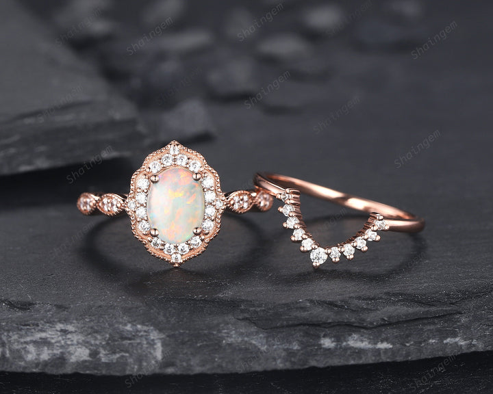 Vintage Oval Shape Natural Australian White Opal and Diamond Engagement Ring Set, 14K Rose Gold Opal Wedding Ring, Floral Halo Promise Ring - ShainJewelry