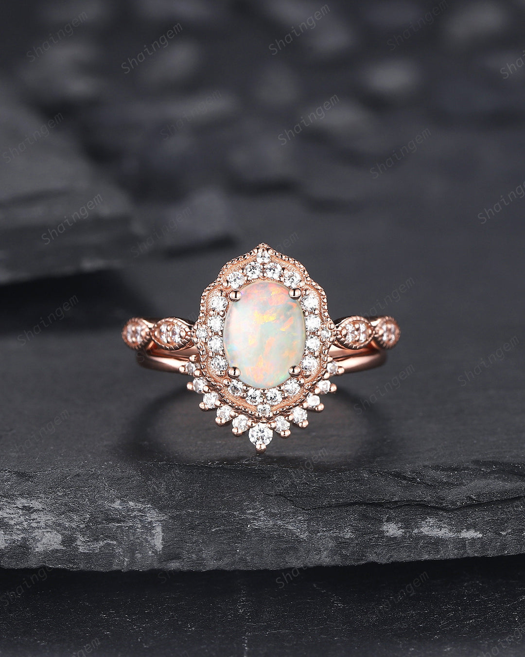 Vintage Oval Shape Natural Australian White Opal and Diamond Engagement Ring Set, 14K Rose Gold Opal Wedding Ring, Floral Halo Promise Ring - ShainJewelry
