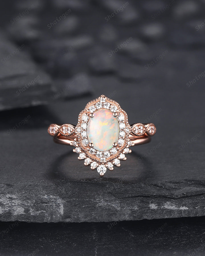 Vintage Oval Shape Natural Australian White Opal and Diamond Engagement Ring Set, 14K Rose Gold Opal Wedding Ring, Floral Halo Promise Ring - ShainJewelry
