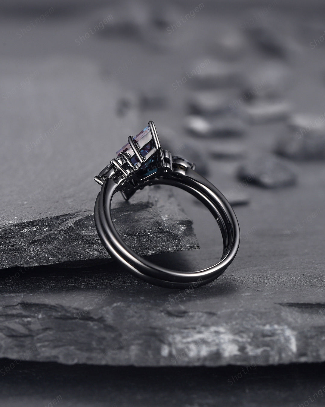 Black Gold Kite Shape Alexandrite Engagement Ring Set, Unique Black Promise Ring, Black Wedding Ring Set, Gothic Black Bridal Set for Women - ShainJewelry