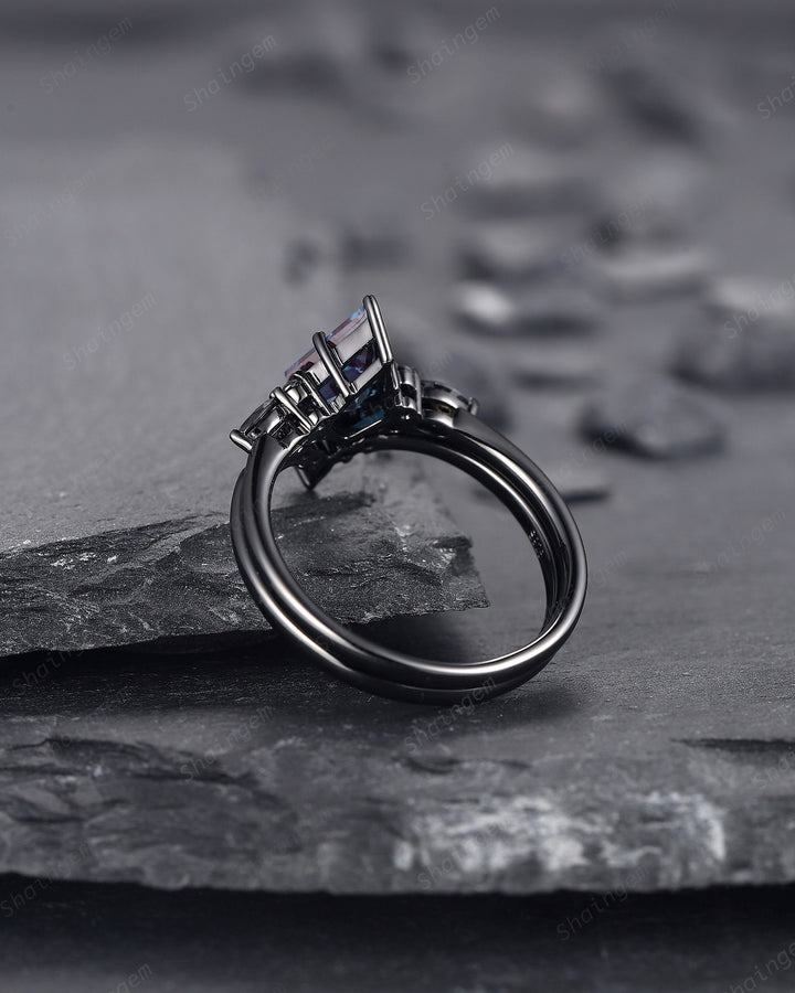 Black Gold Kite Shape Alexandrite Engagement Ring Set, Unique Black Promise Ring, Black Wedding Ring Set, Gothic Black Bridal Set for Women - ShainJewelry