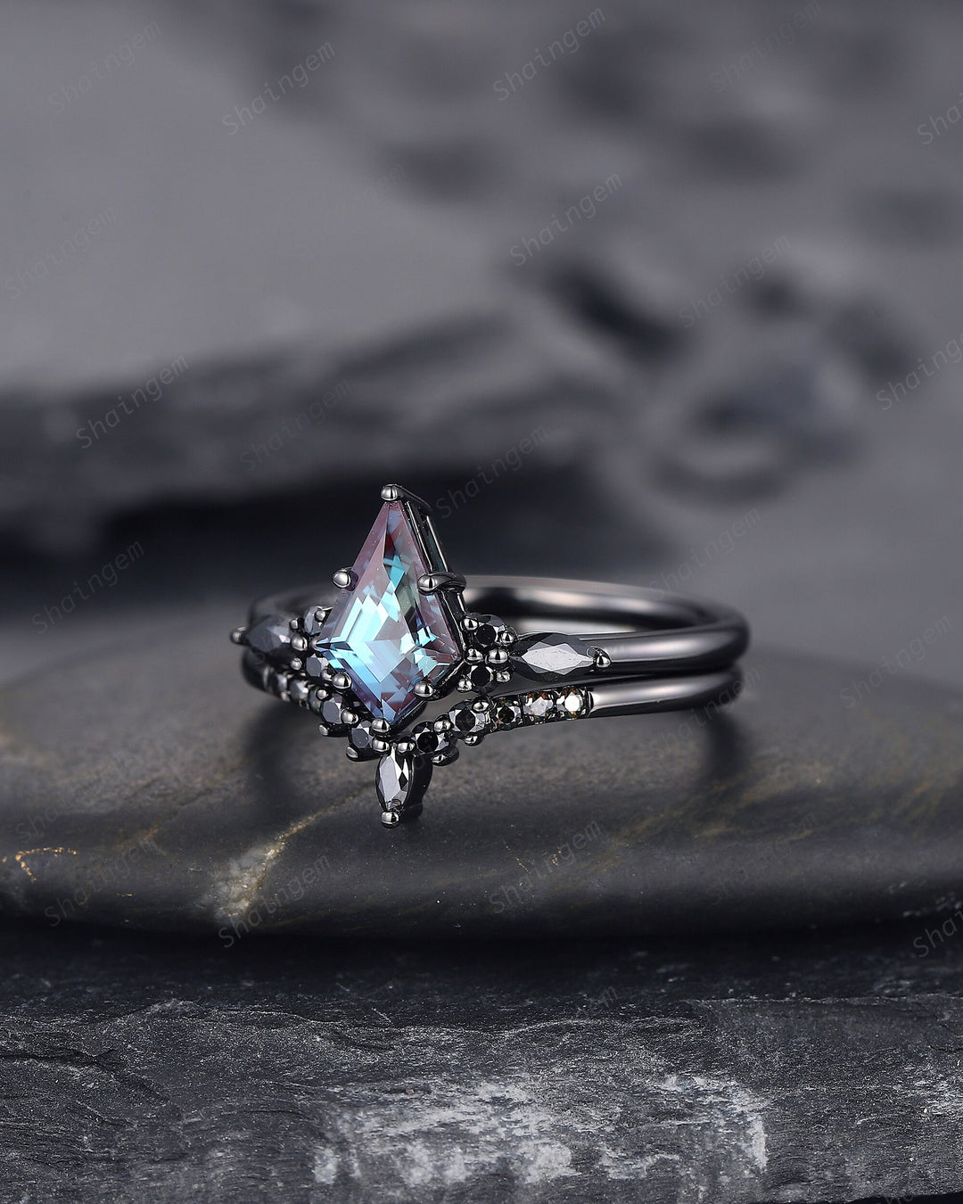 Black Gold Kite Shape Alexandrite Engagement Ring Set, Unique Black Promise Ring, Black Wedding Ring Set, Gothic Black Bridal Set for Women - ShainJewelry