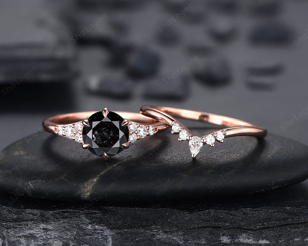 1.5 CT Round Shape Black Diamond Engagement Ring Set, 14K 18K Rose Gold Black Diamond Promise Ring, Diamond Wedding Anniversary Ring for her - ShainJewelry