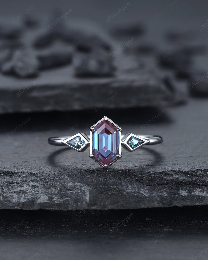 Vintage Long Hexagon Alexandrite Engagement Ring, White Gold Kite Alexandrite Wedding Ring, Geometric Anniversary Promise Ring for Women - ShainJewelry