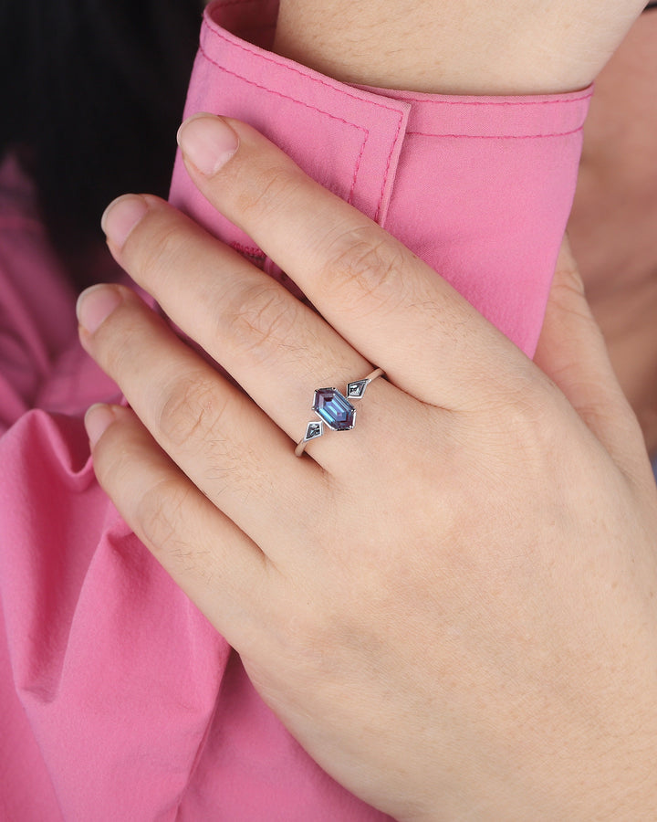 Vintage Long Hexagon Alexandrite Engagement Ring, White Gold Kite Alexandrite Wedding Ring, Geometric Anniversary Promise Ring for Women - ShainJewelry