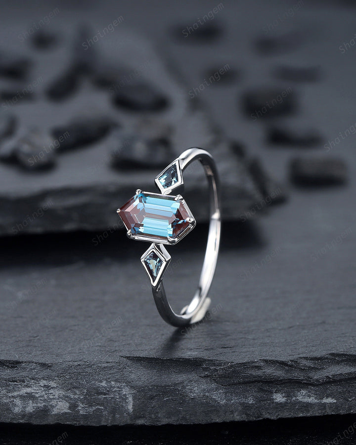 Vintage Long Hexagon Alexandrite Engagement Ring, White Gold Kite Alexandrite Wedding Ring, Geometric Anniversary Promise Ring for Women - ShainJewelry