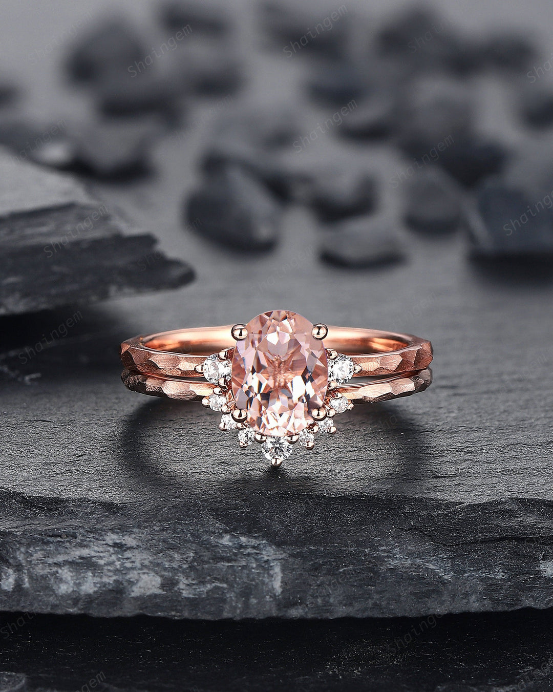 Hammered Natural Pink Morganite Engagement Ring Set, Hand Forged 14K 18K Rose Gold Oval Shape Morganite Wedding Bridal Set Promise Ring Gift - ShainJewelry