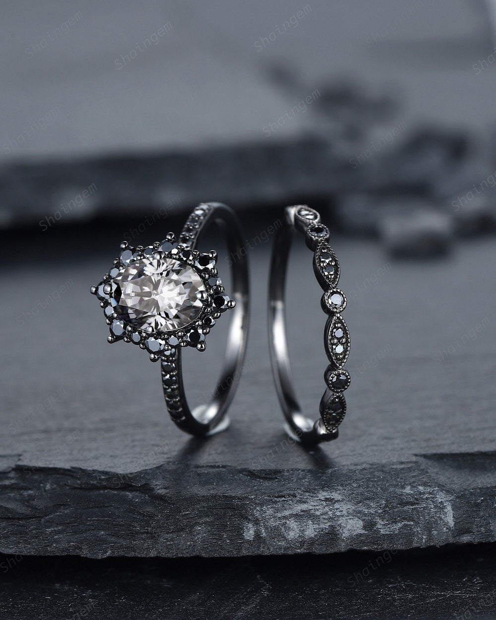 Vintage Oval Gray Moissanite Halo Engagement Ring Set, Black Gold Grey Moissaite Promise Ring, Rhodium Black Bridal Set, Black Wedding Ring - ShainJewelry
