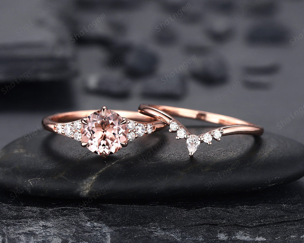 Vintage Round Shape Pink Morganite Engagement Ring Set, Unique 14K Rose Gold Morganite Bridal Set, Art Deco Promise Wedding Anniversary Ring - ShainJewelry