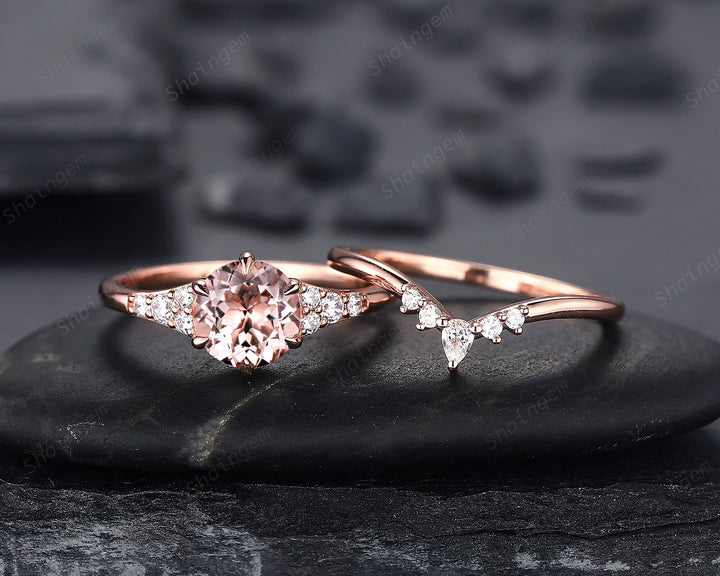 Vintage Round Shape Pink Morganite Engagement Ring Set, Unique 14K Rose Gold Morganite Bridal Set, Art Deco Promise Wedding Anniversary Ring - ShainJewelry