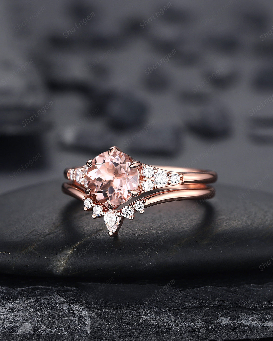 Vintage Round Shape Pink Morganite Engagement Ring Set, Unique 14K Rose Gold Morganite Bridal Set, Art Deco Promise Wedding Anniversary Ring - ShainJewelry