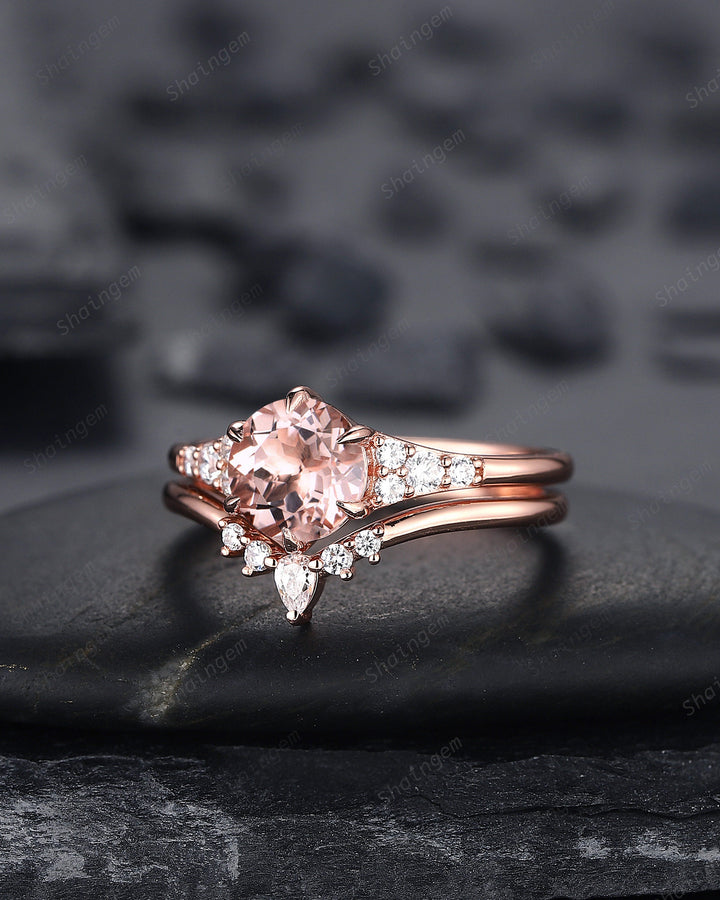 Vintage Round Shape Pink Morganite Engagement Ring Set, Unique 14K Rose Gold Morganite Bridal Set, Art Deco Promise Wedding Anniversary Ring - ShainJewelry