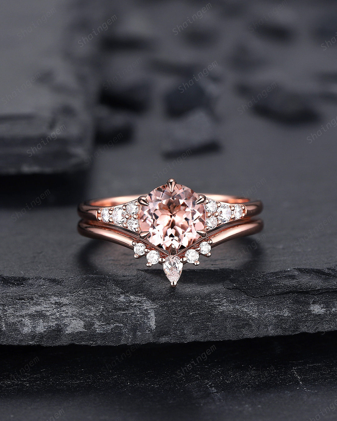 Vintage Round Shape Pink Morganite Engagement Ring Set, Unique 14K Rose Gold Morganite Bridal Set, Art Deco Promise Wedding Anniversary Ring - ShainJewelry
