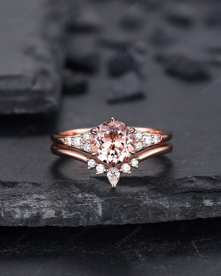 Vintage Round Shape Pink Morganite Engagement Ring Set, Unique 14K Rose Gold Morganite Bridal Set, Art Deco Promise Wedding Anniversary Ring - ShainJewelry