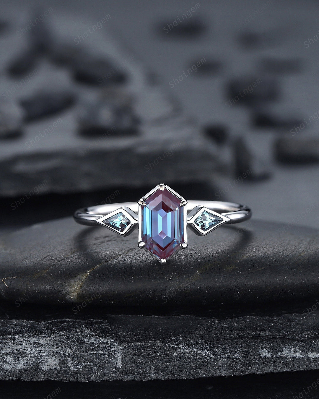 Vintage Long Hexagon Alexandrite Engagement Ring, White Gold Kite Alexandrite Wedding Ring, Geometric Anniversary Promise Ring for Women - ShainJewelry