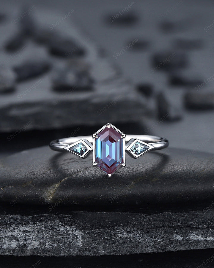 Vintage Long Hexagon Alexandrite Engagement Ring, White Gold Kite Alexandrite Wedding Ring, Geometric Anniversary Promise Ring for Women - ShainJewelry