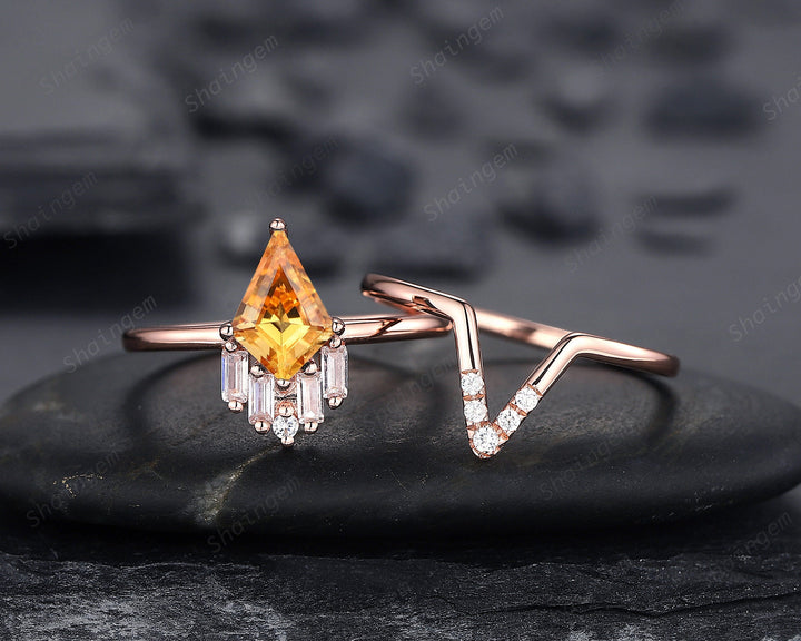 Vintage Kite Cut Citrine Engagement Ring Set, V Shape 14K Rose Gold Citrine Promise Ring, Citrine Bridal Set, Wedding Ring Gift for Women - ShainJewelry