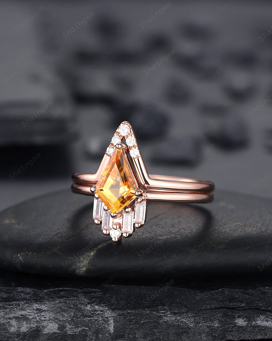 Vintage Kite Cut Citrine Engagement Ring Set, V Shape 14K Rose Gold Citrine Promise Ring, Citrine Bridal Set, Wedding Ring Gift for Women - ShainJewelry