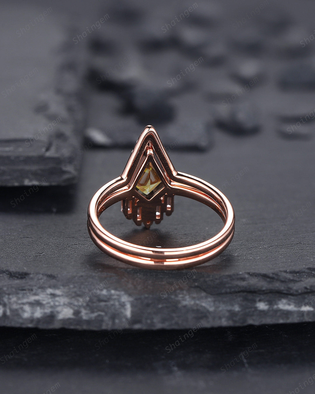 Vintage Kite Cut Citrine Engagement Ring Set, V Shape 14K Rose Gold Citrine Promise Ring, Citrine Bridal Set, Wedding Ring Gift for Women - ShainJewelry