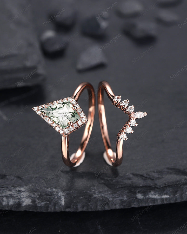 Vintage Kite Cut Moss Agate Engagement Ring Set, V Shape 14K Rose Gold Moss Agate Promise Wedding Ring, Moss Agate Bridal Set Gift for Women - ShainJewelry