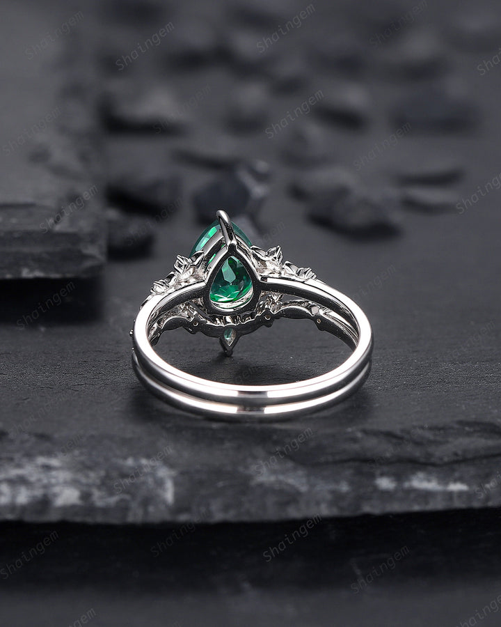 Vintage Pear Shape Emerald Engagement Ring Set, Unique 14K White Gold Floral Emerald Wedding Ring Bridal Set, Emerald Promise Ring for Women - ShainJewelry