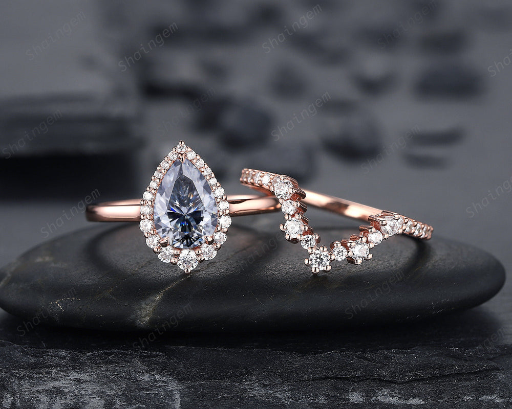 Vintage Pear Shape Gray Moissanite Engagement Ring Set, Unique 14K Rose Gold Grey Moissanite Halo Wedding Set, V Shape Moissanite Bridal Set - ShainJewelry