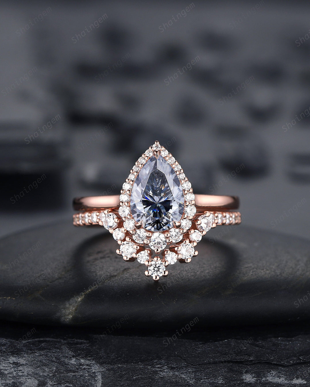 Vintage Pear Shape Gray Moissanite Engagement Ring Set, Unique 14K Rose Gold Grey Moissanite Halo Wedding Set, V Shape Moissanite Bridal Set - ShainJewelry