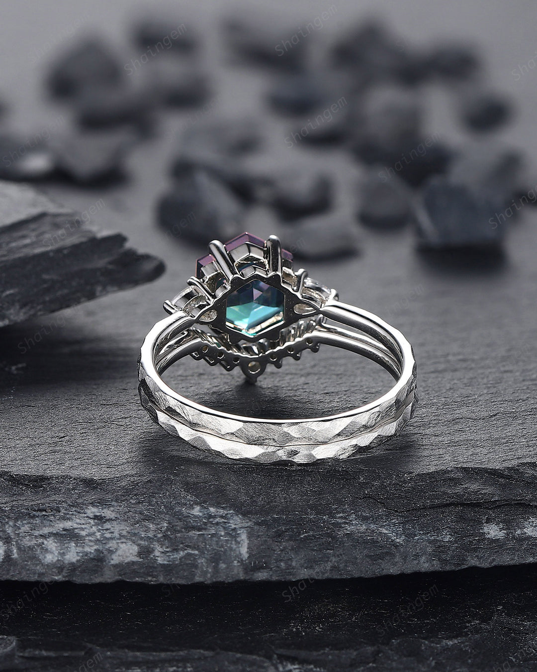 Unique Hammered Alexandrite Engagement Ring Set, Hand Forged 14K 18K White Gold Hexagon Cut Alexandrite Wedding Bridal Set Promise Ring Gift - ShainJewelry