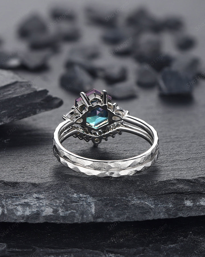 Unique Hammered Alexandrite Engagement Ring Set, Hand Forged 14K 18K White Gold Hexagon Cut Alexandrite Wedding Bridal Set Promise Ring Gift - ShainJewelry