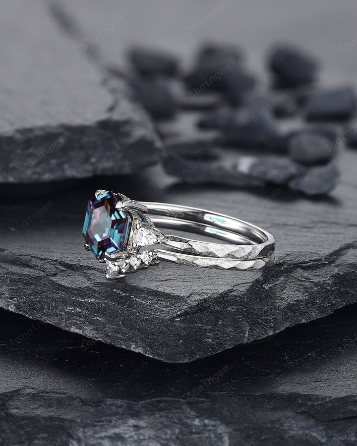 Unique Hammered Alexandrite Engagement Ring Set, Hand Forged 14K 18K White Gold Hexagon Cut Alexandrite Wedding Bridal Set Promise Ring Gift - ShainJewelry