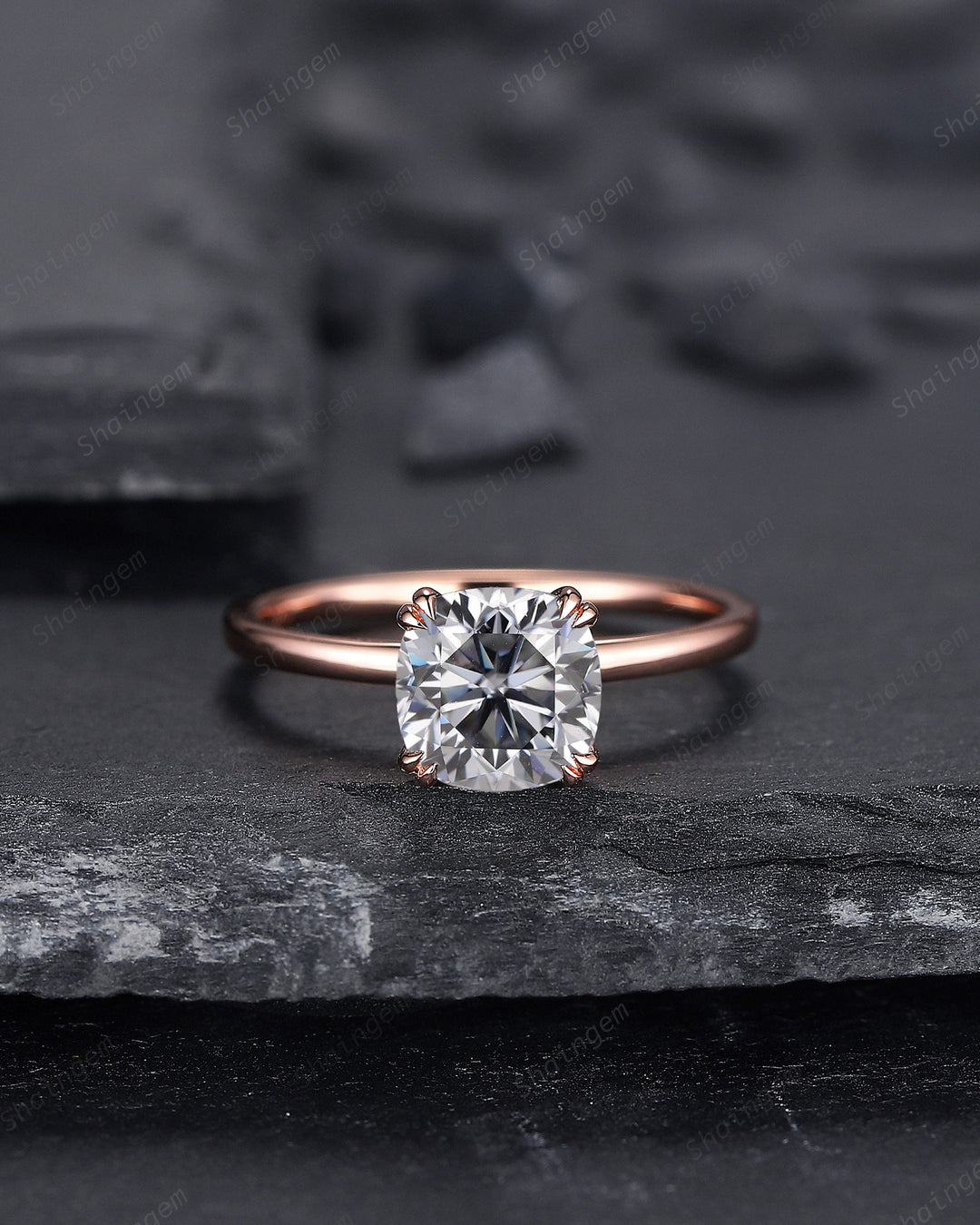Cushion Cut Gray Moissanite Solitaire Engagement Ring, Unique Grey Moissanite Promise Ring, Art Deco Gray Stone Wedding Ring Gift for Women - ShainJewelry