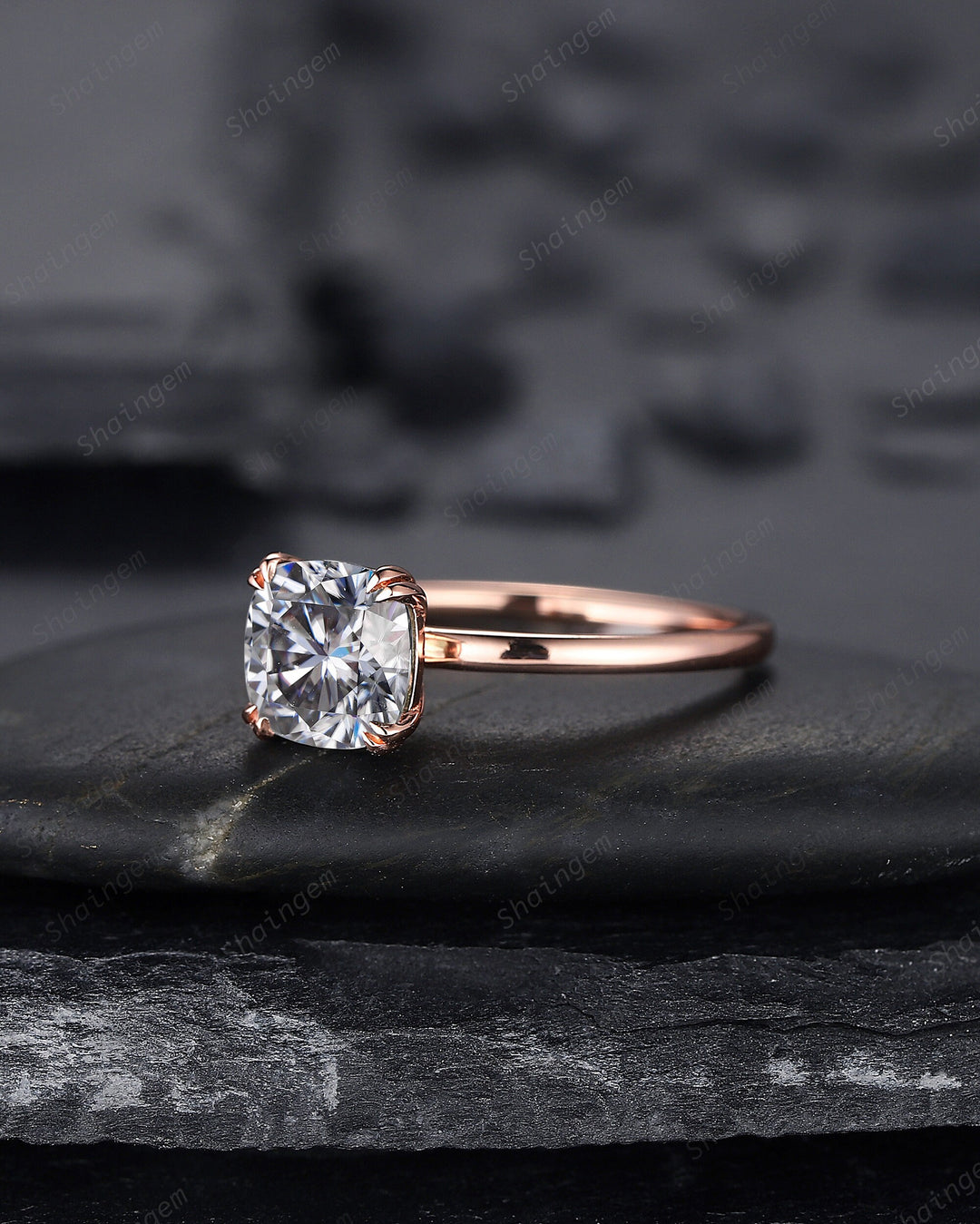 Cushion Cut Gray Moissanite Solitaire Engagement Ring, Unique Grey Moissanite Promise Ring, Art Deco Gray Stone Wedding Ring Gift for Women - ShainJewelry