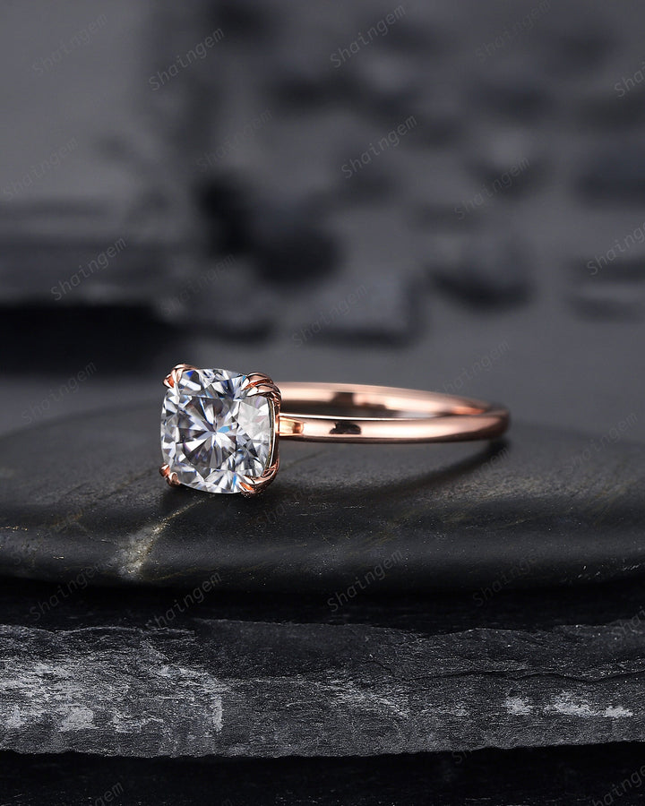 Cushion Cut Gray Moissanite Solitaire Engagement Ring, Unique Grey Moissanite Promise Ring, Art Deco Gray Stone Wedding Ring Gift for Women - ShainJewelry