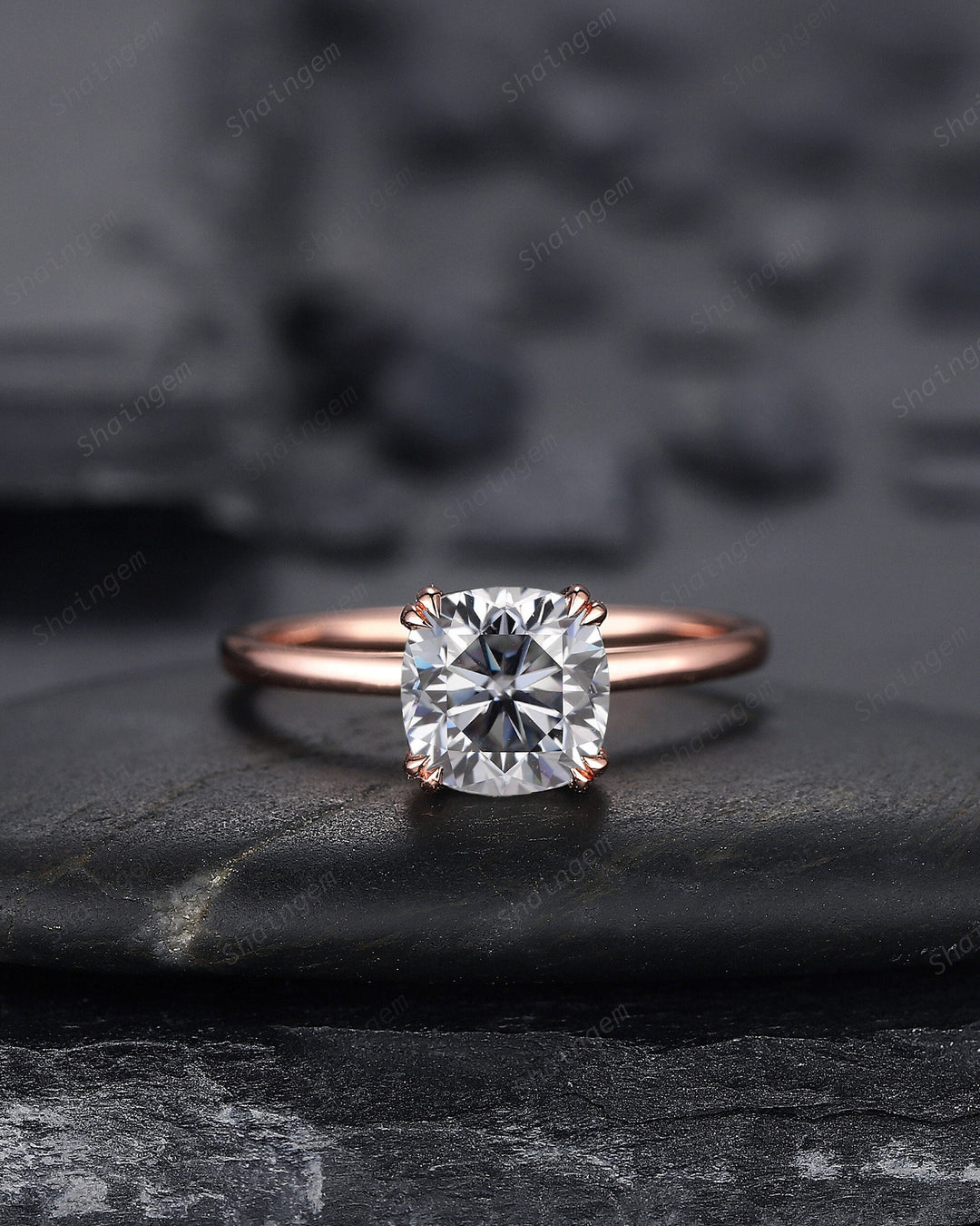 Cushion Cut Gray Moissanite Solitaire Engagement Ring, Unique Grey Moissanite Promise Ring, Art Deco Gray Stone Wedding Ring Gift for Women - ShainJewelry