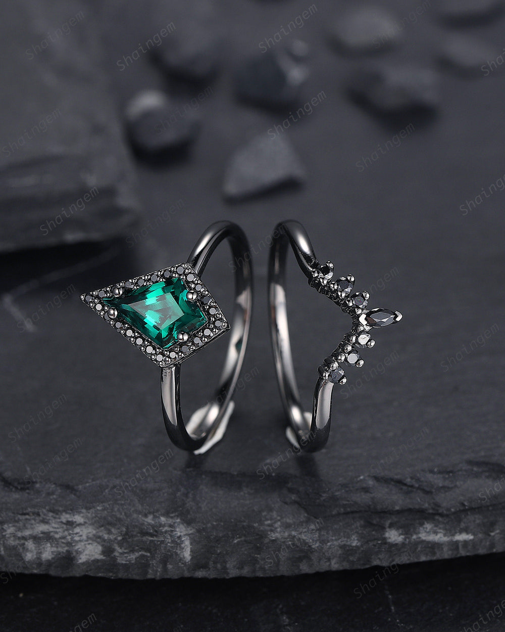 Black Gold Kite Shape Emerald Halo Engagement Ring Set, V Shape Black Promise Ring, Black Wedding Ring Set, Goth Black Bridal Set for Women - ShainJewelry