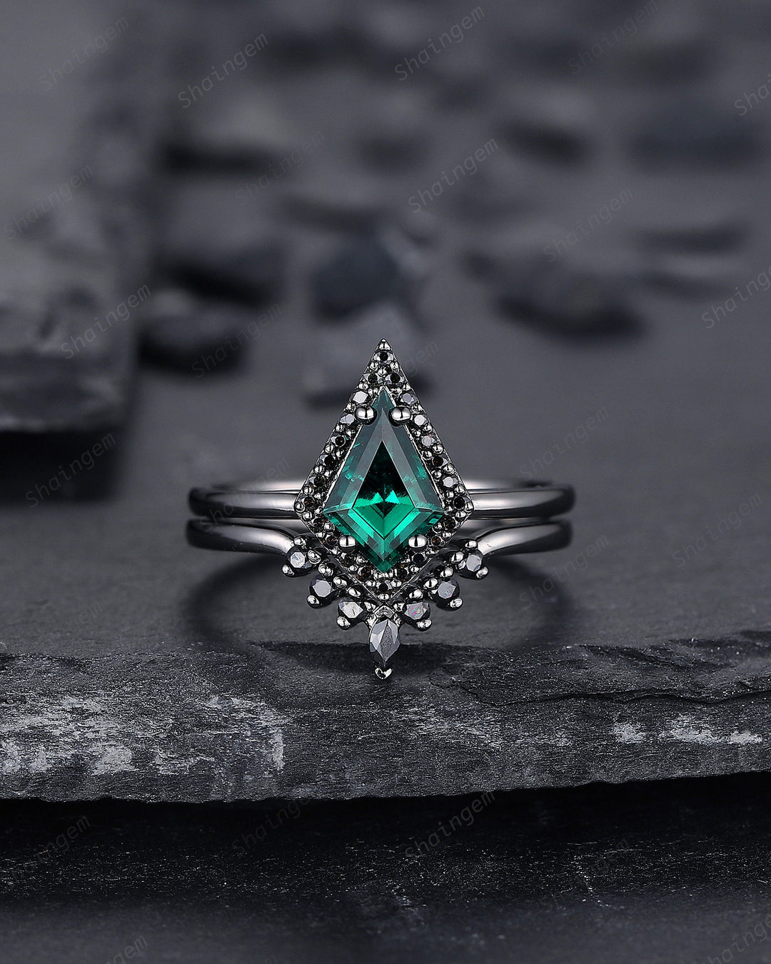 Black Gold Kite Shape Emerald Halo Engagement Ring Set, V Shape Black Promise Ring, Black Wedding Ring Set, Goth Black Bridal Set for Women - ShainJewelry
