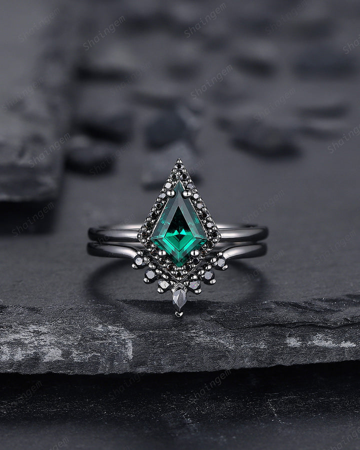 Black Gold Kite Shape Emerald Halo Engagement Ring Set, V Shape Black Promise Ring, Black Wedding Ring Set, Goth Black Bridal Set for Women - ShainJewelry