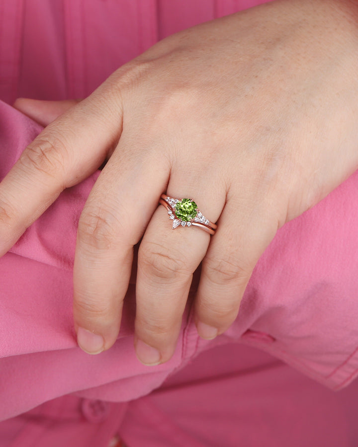 Vintage Round Shape Peridot Engagement Ring Set, Unique 14k Rose Gold Peridot Promise Ring, Peridot Bridal Set Anniversary Ring Gift for her - ShainJewelry