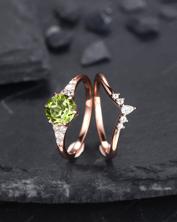 Vintage Round Shape Peridot Engagement Ring Set, Unique 14k Rose Gold Peridot Promise Ring, Peridot Bridal Set Anniversary Ring Gift for her - ShainJewelry